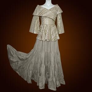 Vintage Handmade Gold Brocade Maxi Dress Structured Collar Full Skirt